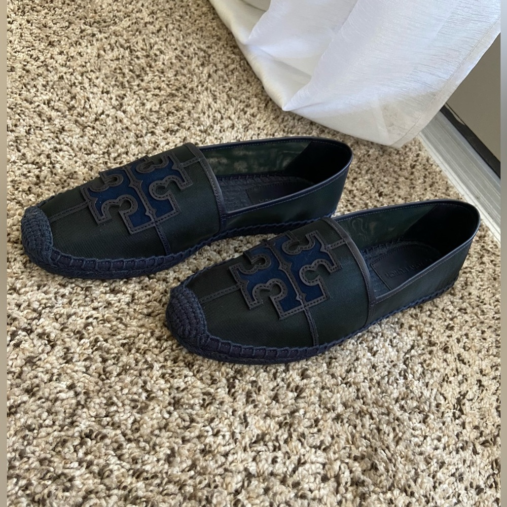 Authentic Tory Burch Ines Espadrille Mesh 
Leather Silk Suede Malachite/Navy - Picture 7 of 13